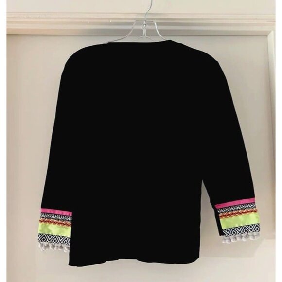 Large Zoe Zone of Embroidered Black Cardigan Embellished Trim Pom Pom Y2K Retro - Picture 4 of 6